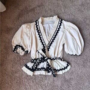 AUREUM Cream and Black Ruffled Blouse
